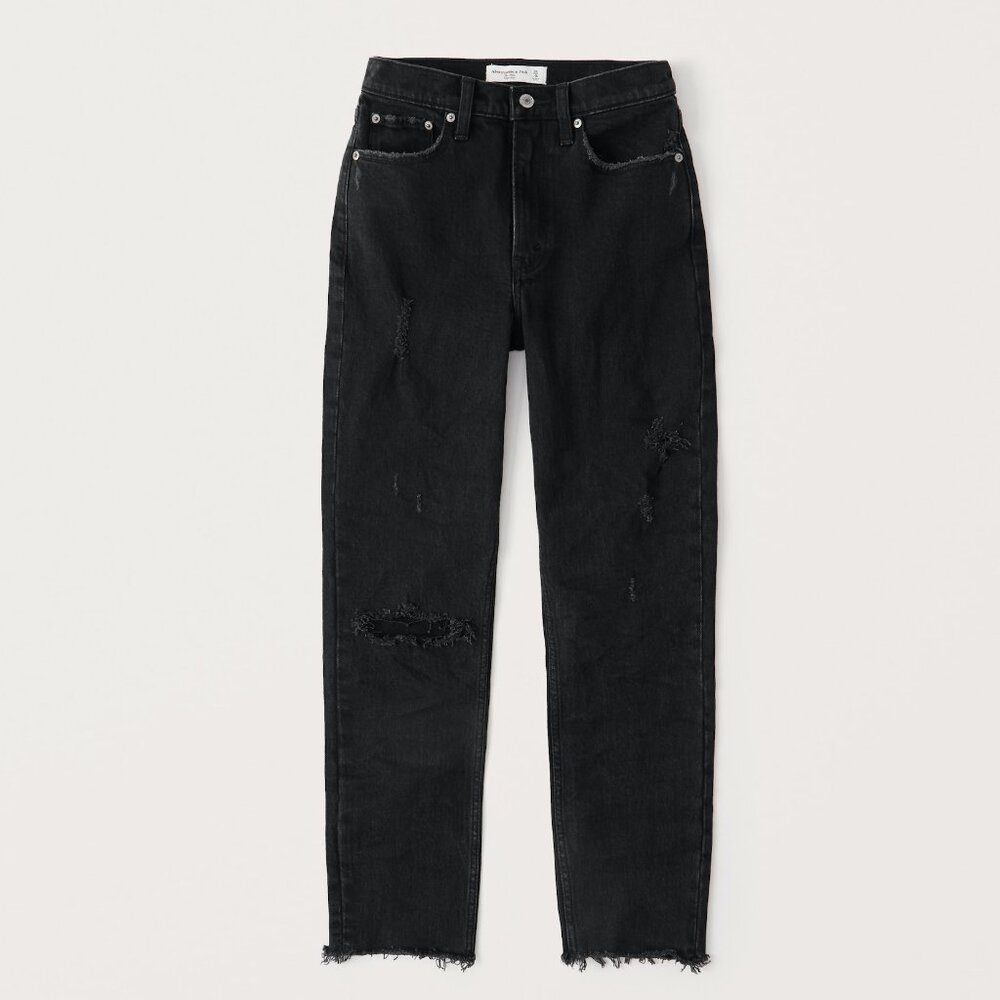 Abercrombie High Rise Mom Jeans, Black Ripped 24S